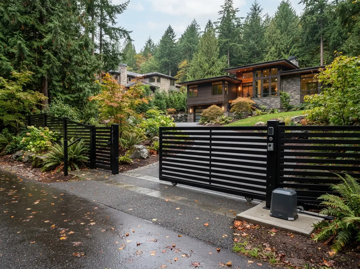 Black horizontal aluminum sliding driveway gate at a modern Pacific Northwest home