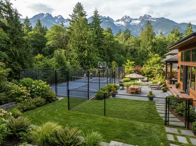 Black vinyl-coated chain link fence around a sport court