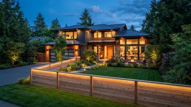 Low horizontal cedar fence with built-in lighting around a modern home