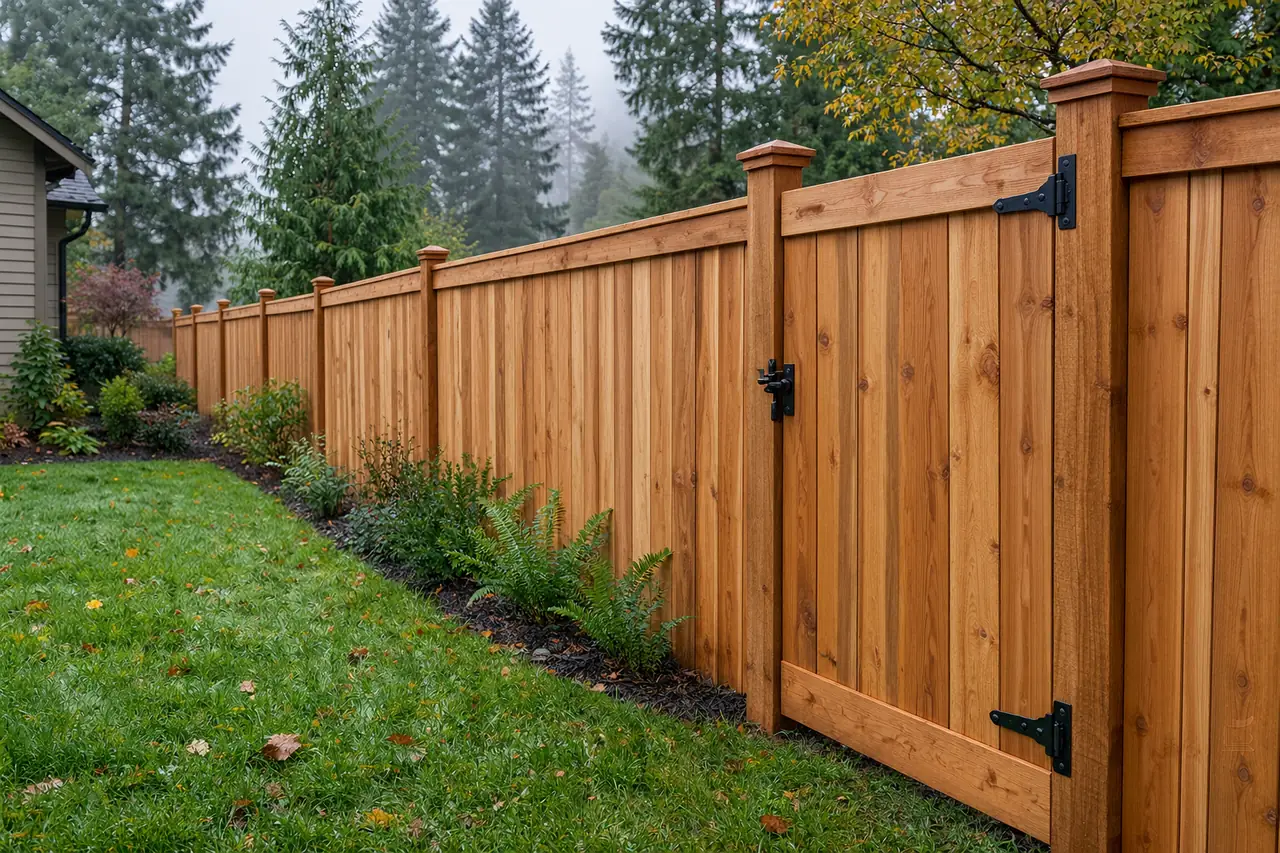 Tall cedar privacy fence with a matching gate in a misty backyard
