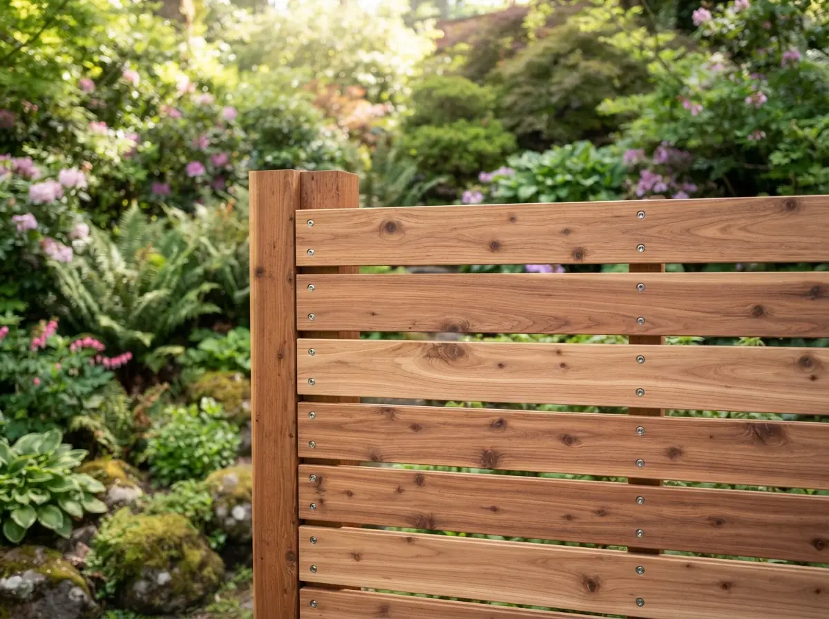 Close-up of a horizontal western red cedar fence beside a Pacific Northwest garden